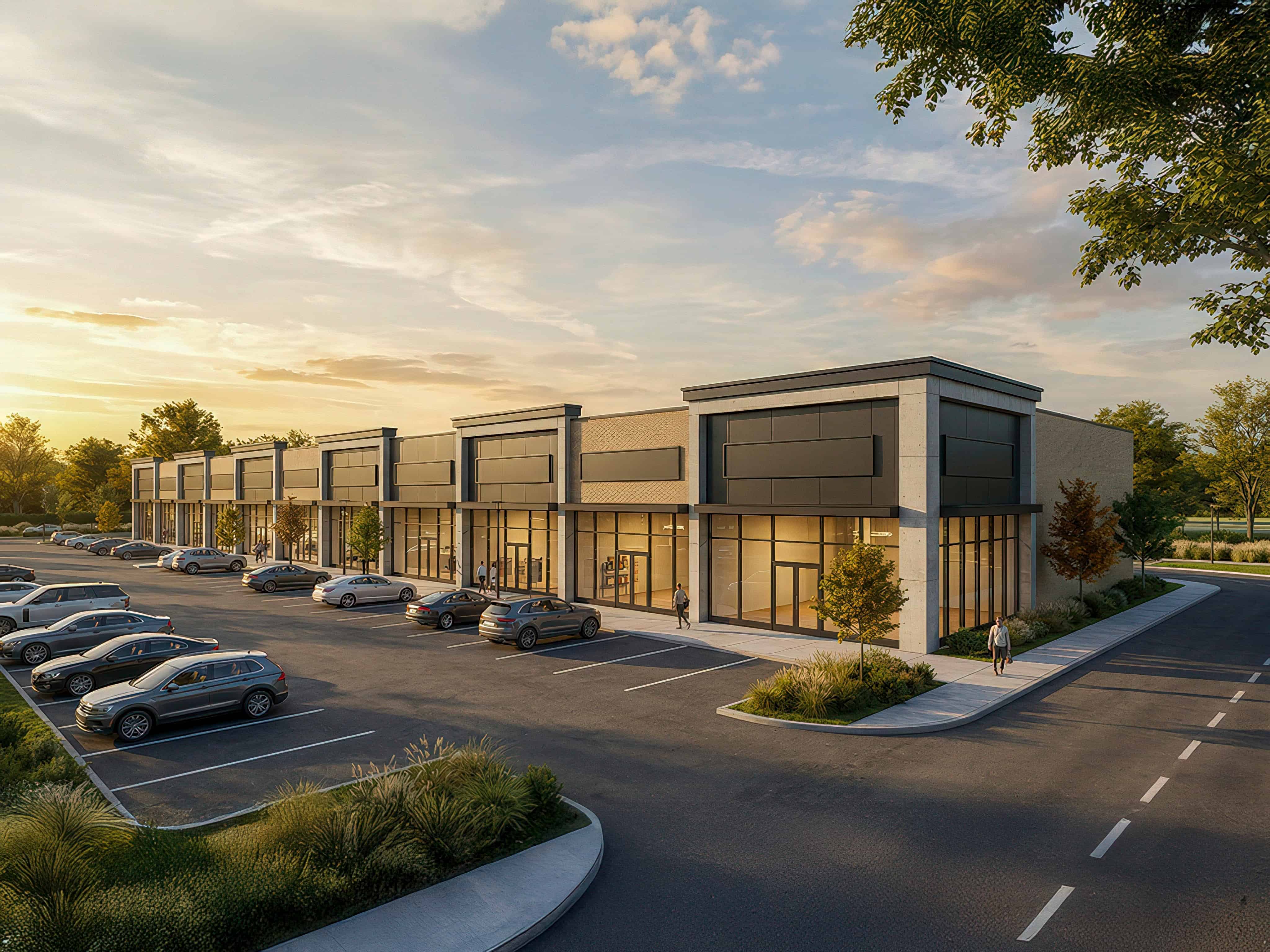 Modern commercial building with parking lot at sunset.