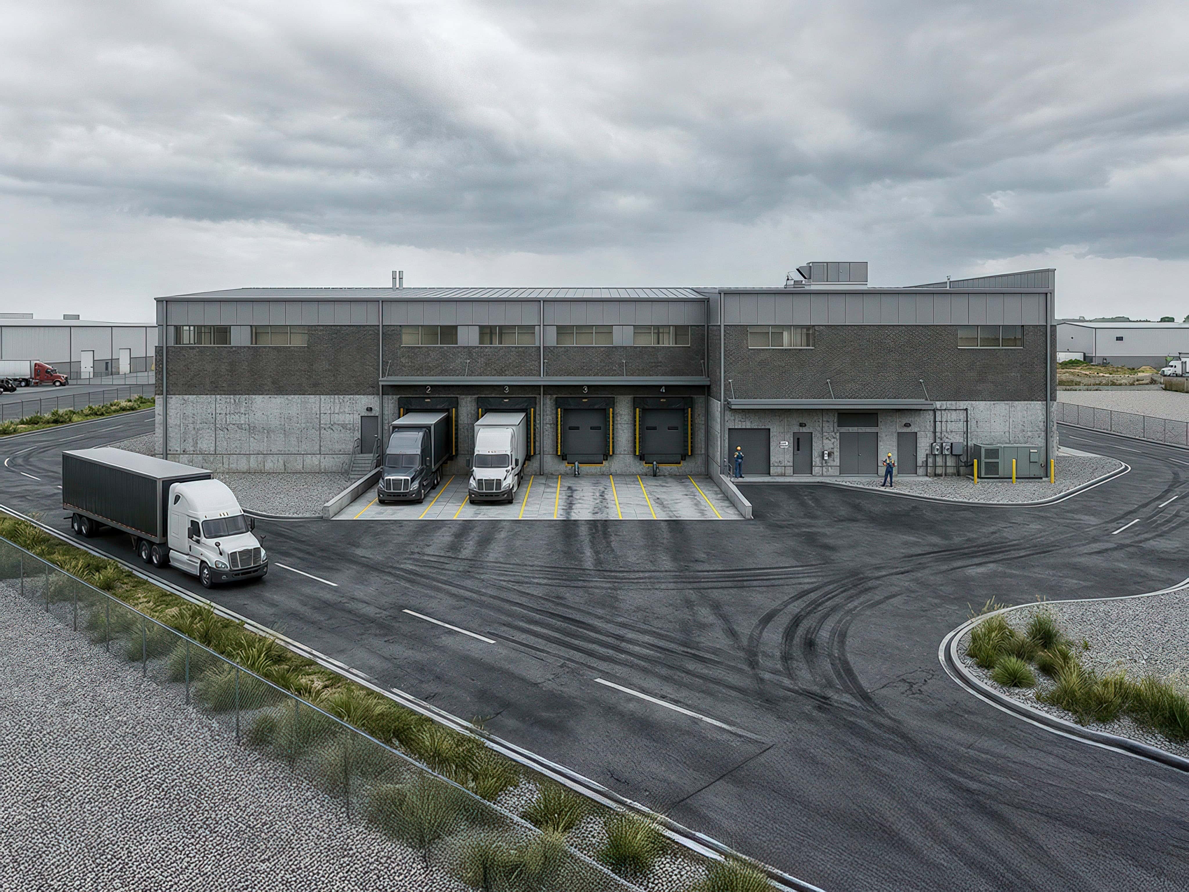 Modern warehouse with loading docks and trucks on a cloudy day.