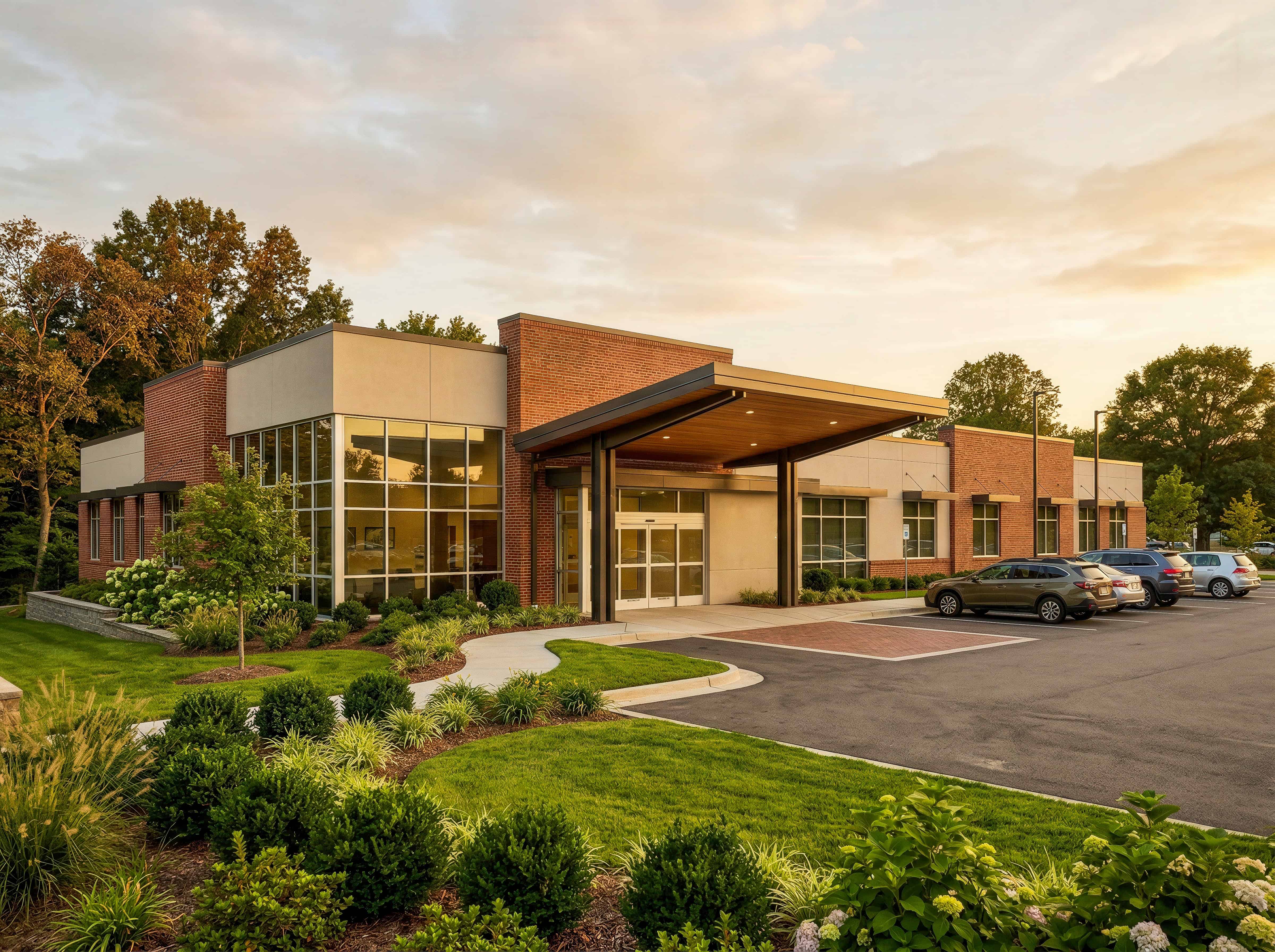 Modern commercial building with glass facade and landscaped surroundings.