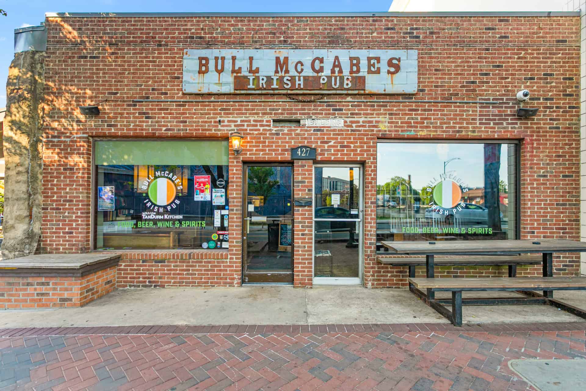 Exterior view of Bull McCabe's Irish Pub with brick facade and signage.